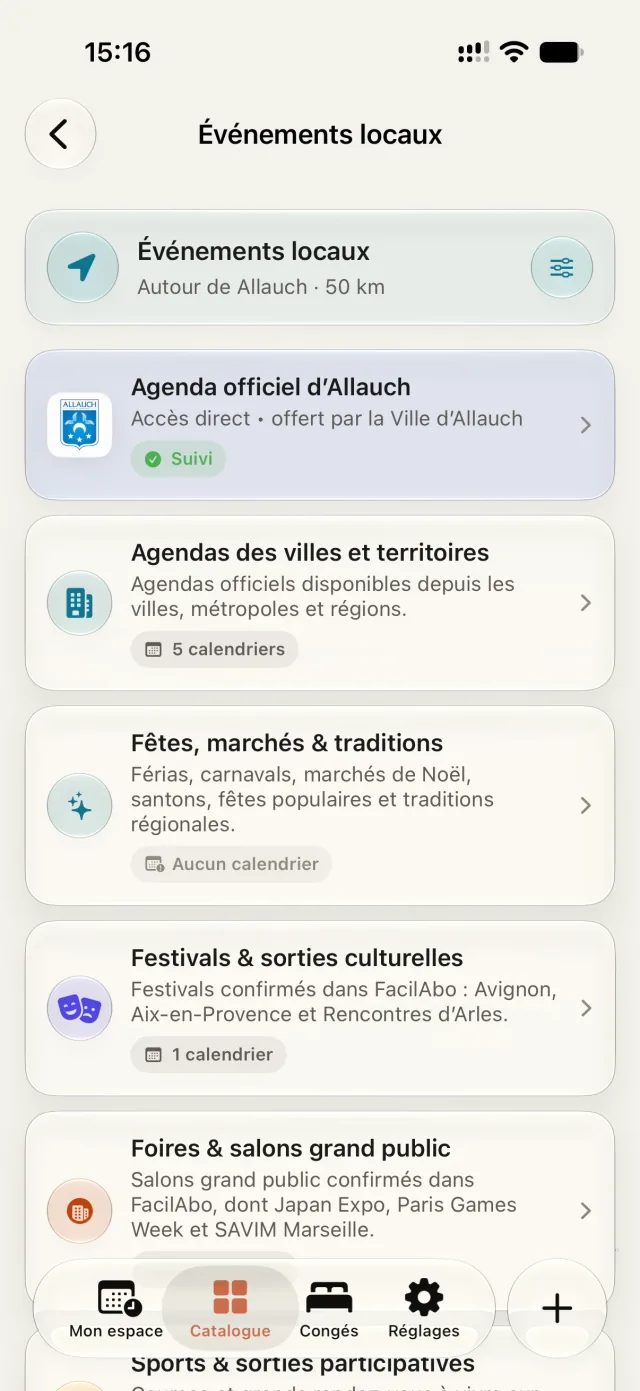 Les événements locaux dans FacilAbo : l'agenda officiel d'Allauch proposé par la Ville, avec le statut Suivi