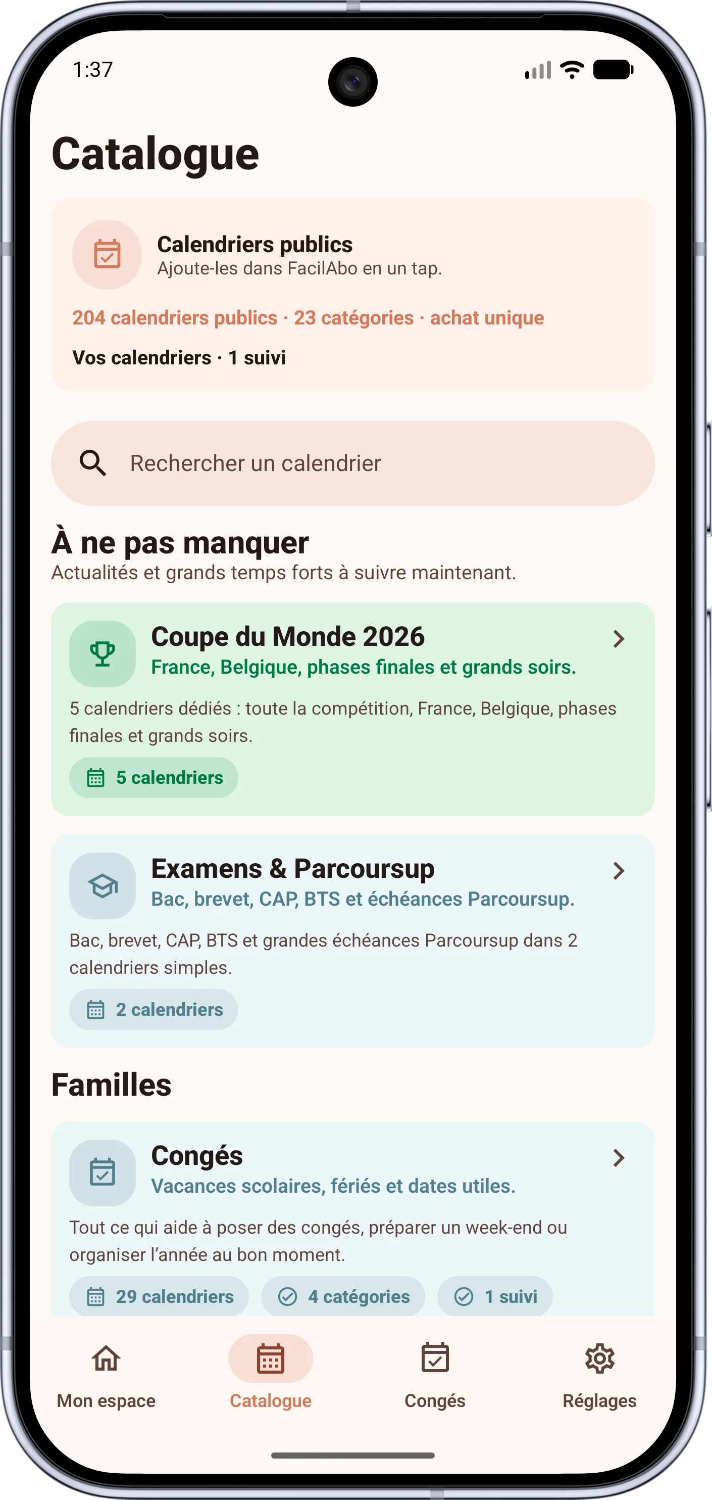 Catalogue Android FacilAbo avec recherche, calendriers utiles et familles