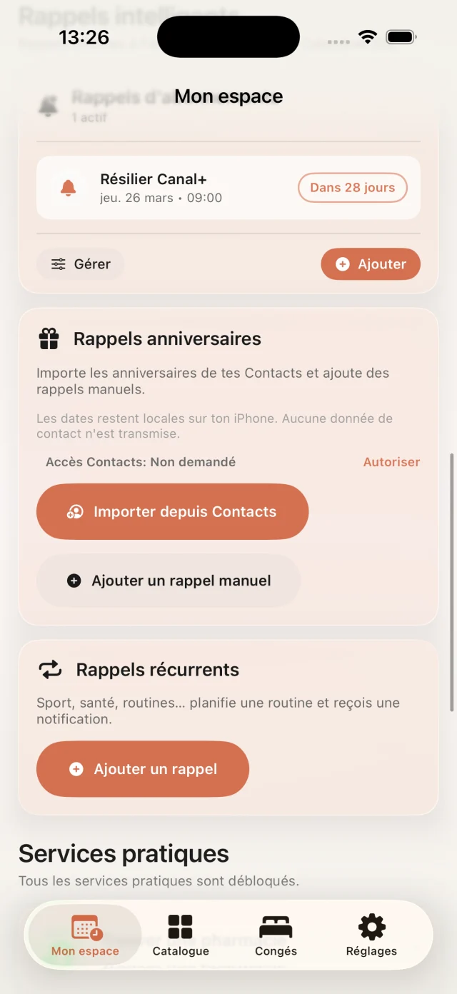 Bloc anniversaires avec import Contacts et ajout manuel