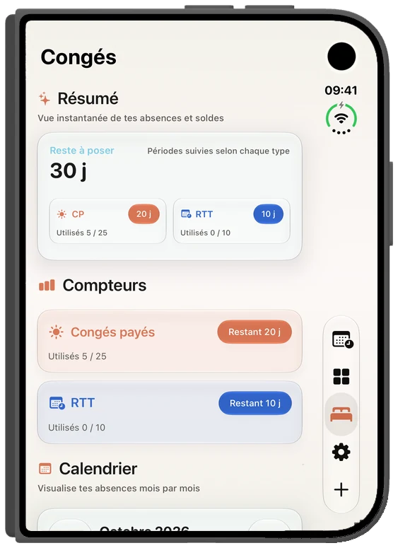 FacilAbo sur iPhone Duo fermé : le module Congés avec le résumé et les compteurs CP et RTT