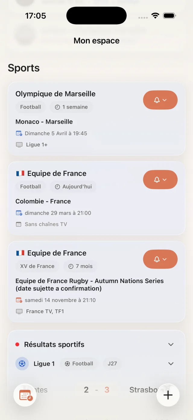 Événements sportifs suivis dans Mon espace